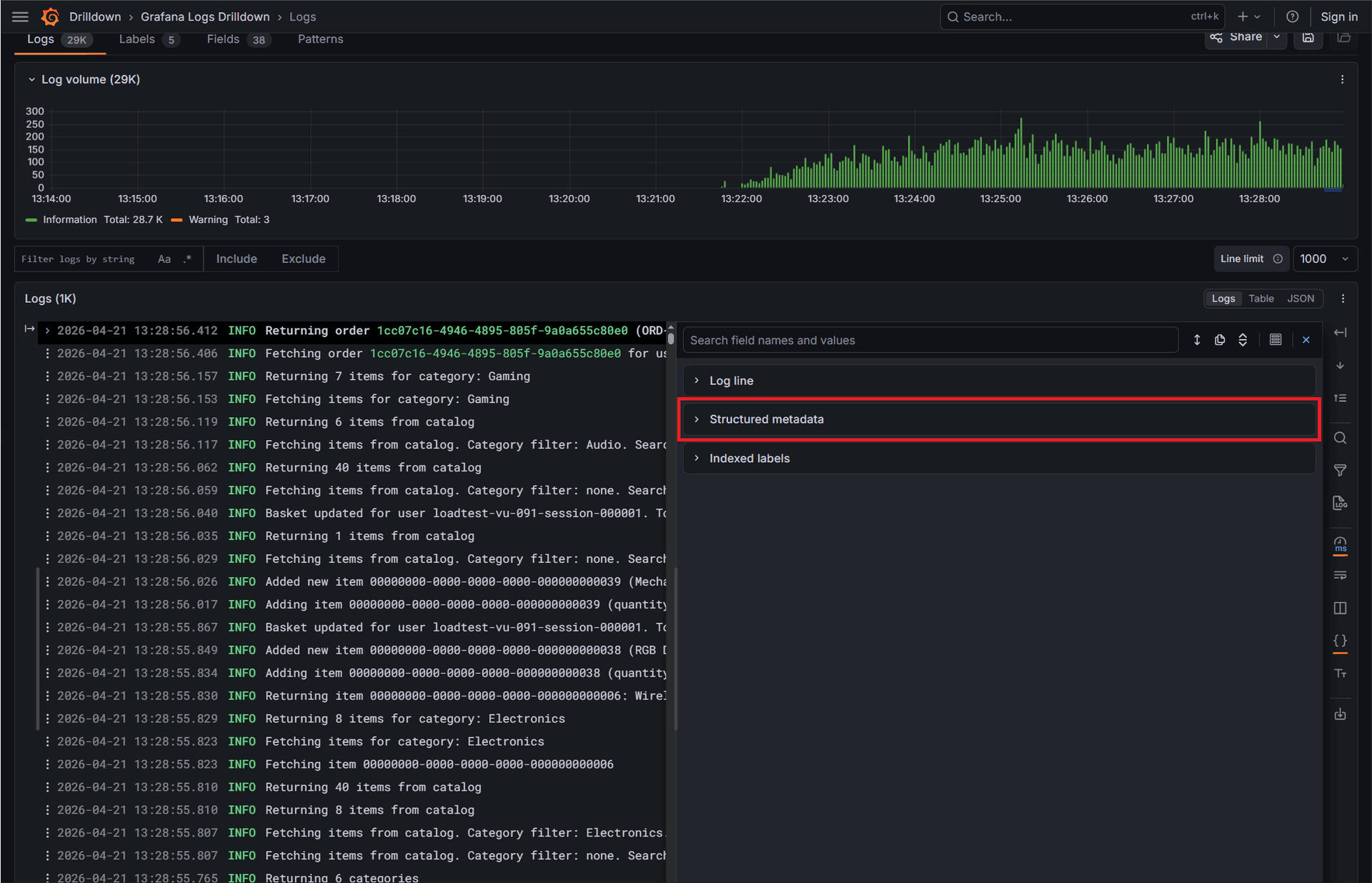 Detailed Grafana log view with structured and indexed metadata