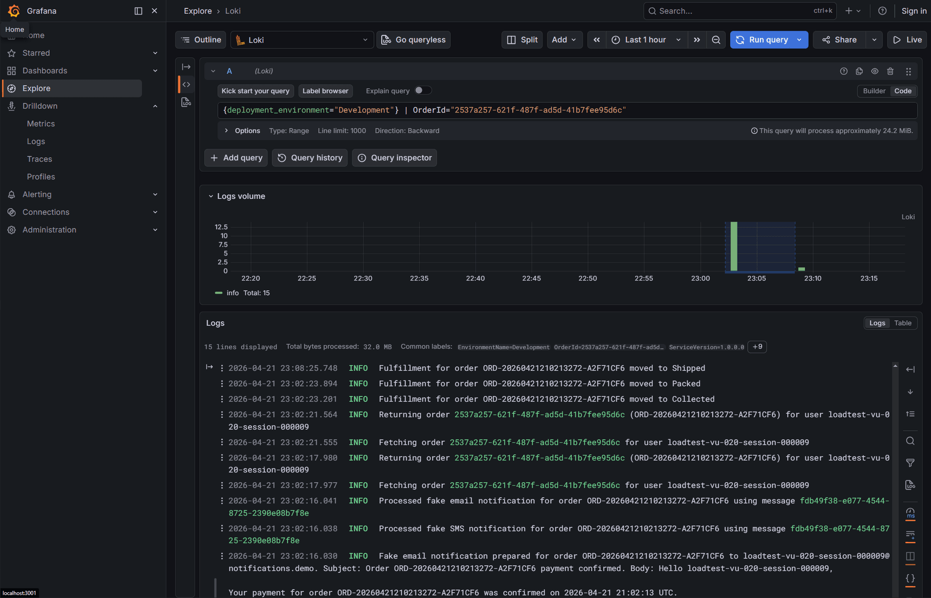 Grafana Explore view filtering logs by orderId across APIs