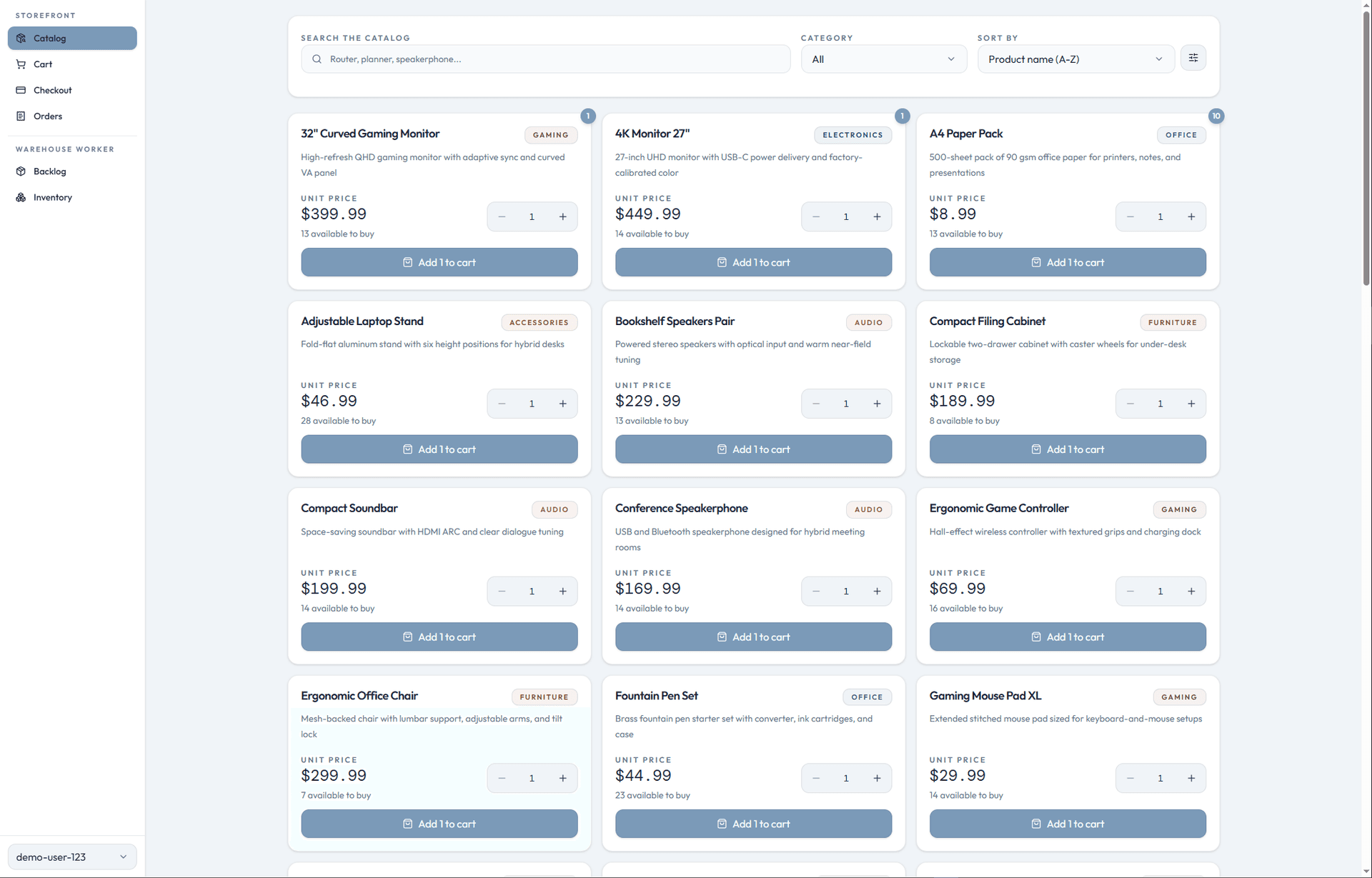 Product catalog page with search, filters, sorting, and product cards