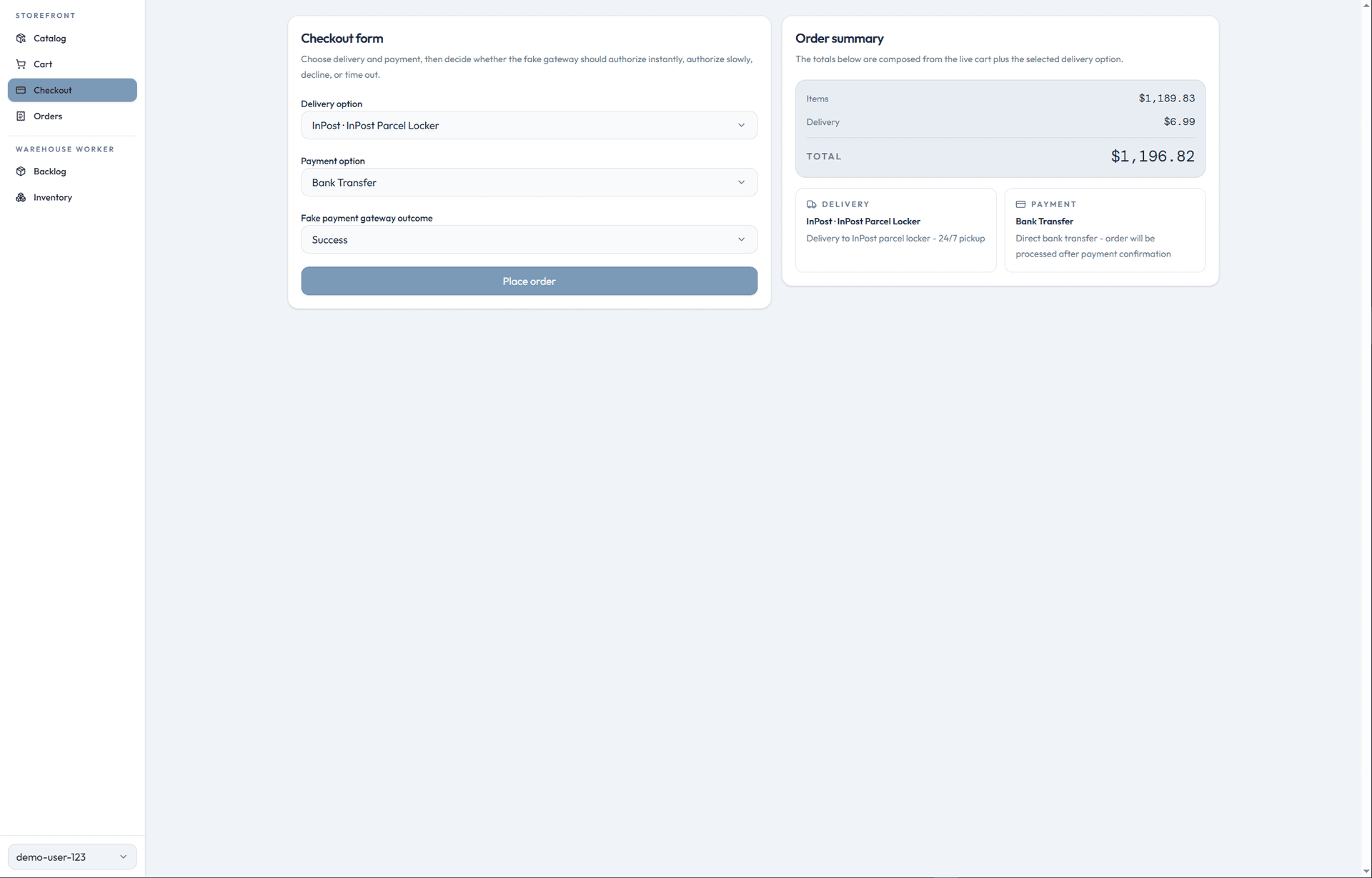 Checkout page with delivery, payment, and fake payment scenario selection