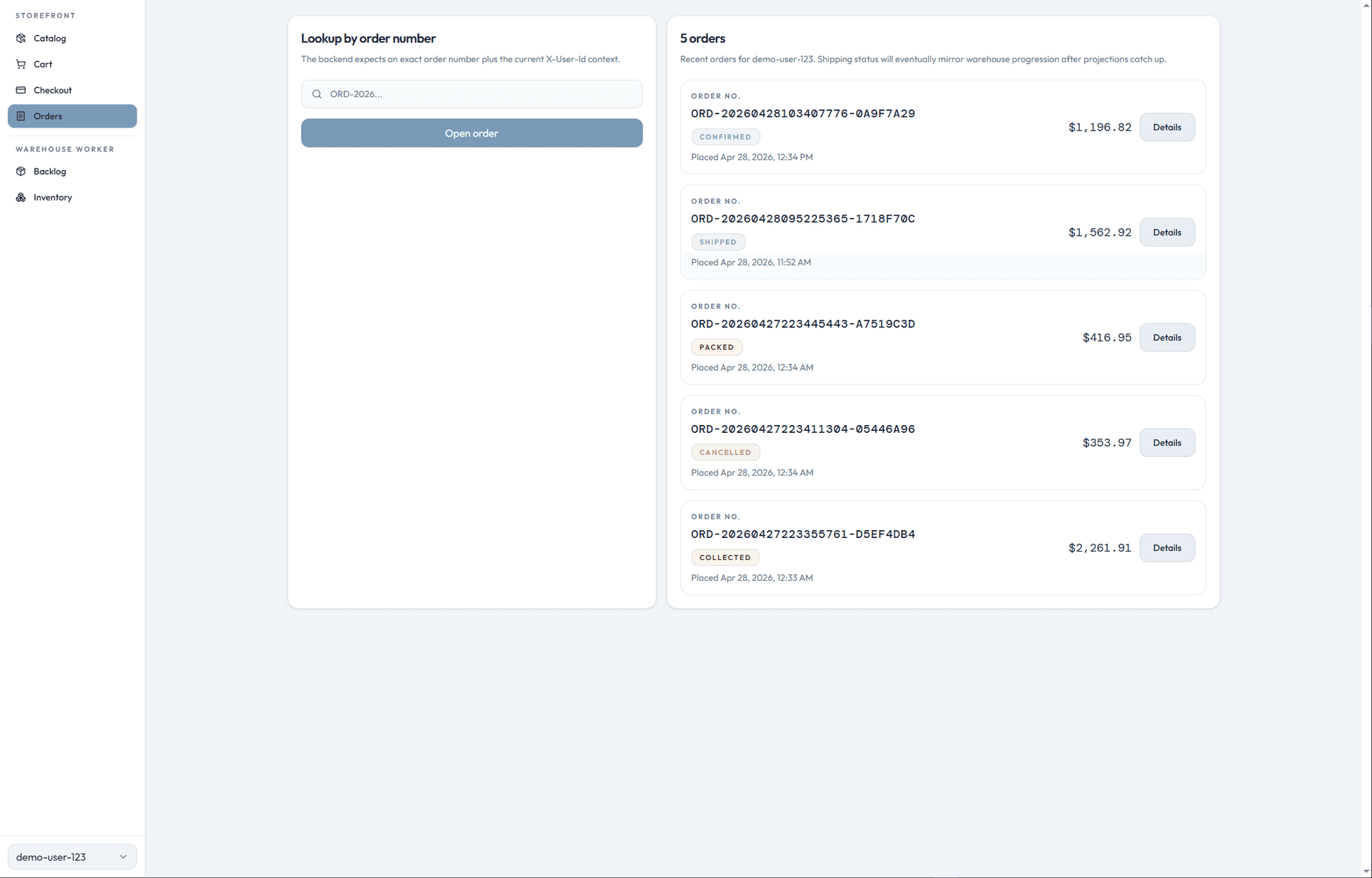 Orders list page showing order statuses and search by order ID