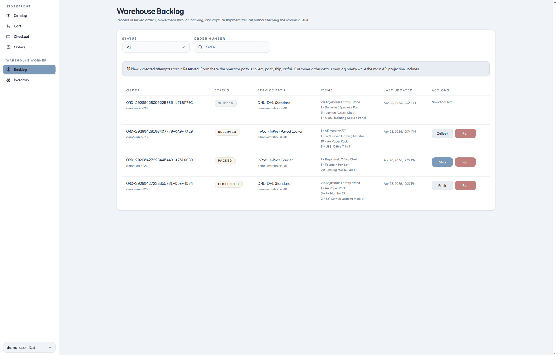 Warehouse backlog page with order actions for collect, pack, and ship