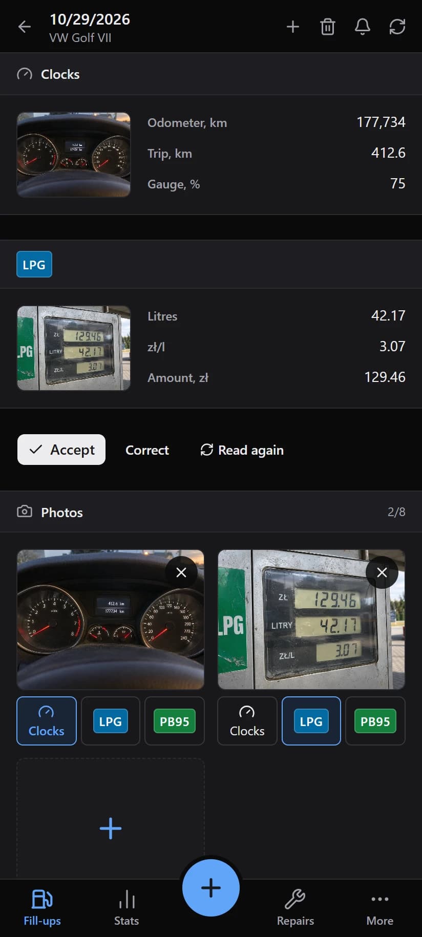 A fill-up read from two photos: the odometer and trip from the dashboard, litres, price and amount from the pump, with Accept, Correct and Read again buttons