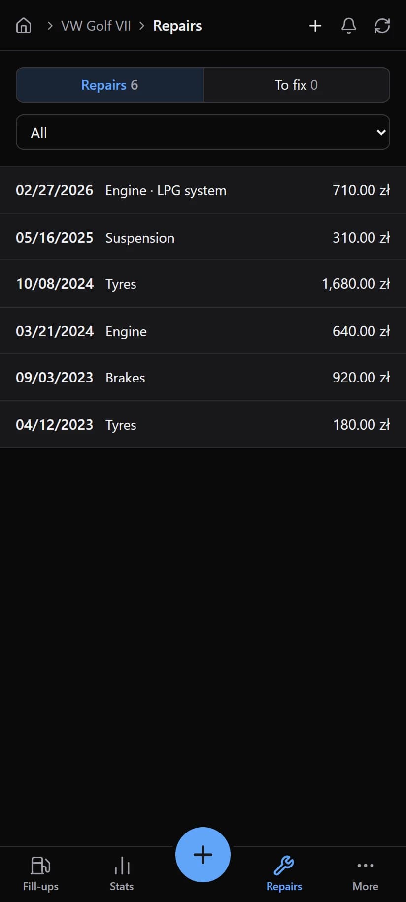 Car Stats list of repairs with categories and prices