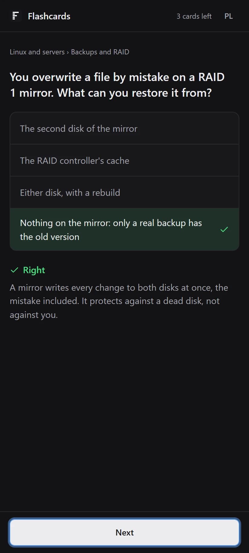 The same flashcard answered, with an explanation of why a mirror is not a backup