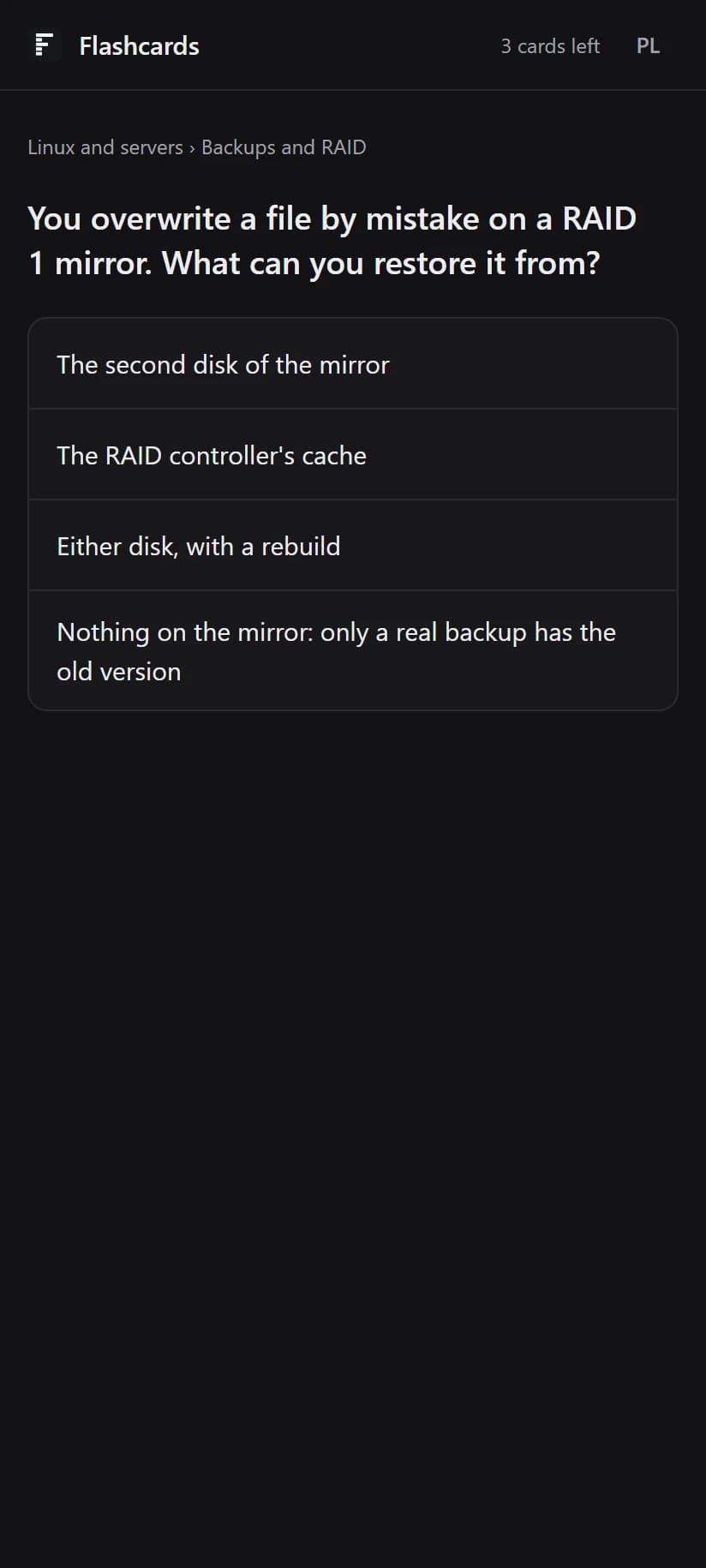 A flashcard on a phone: a question about a RAID 1 mirror with four answers