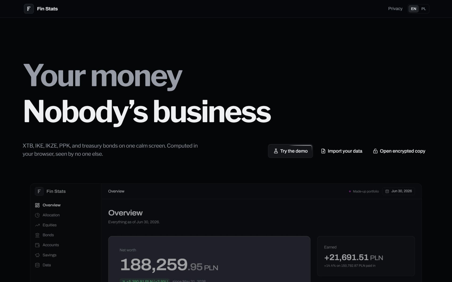 Fin Stats landing page with the headline 'Your money. Nobody's business' and a preview of a made-up portfolio