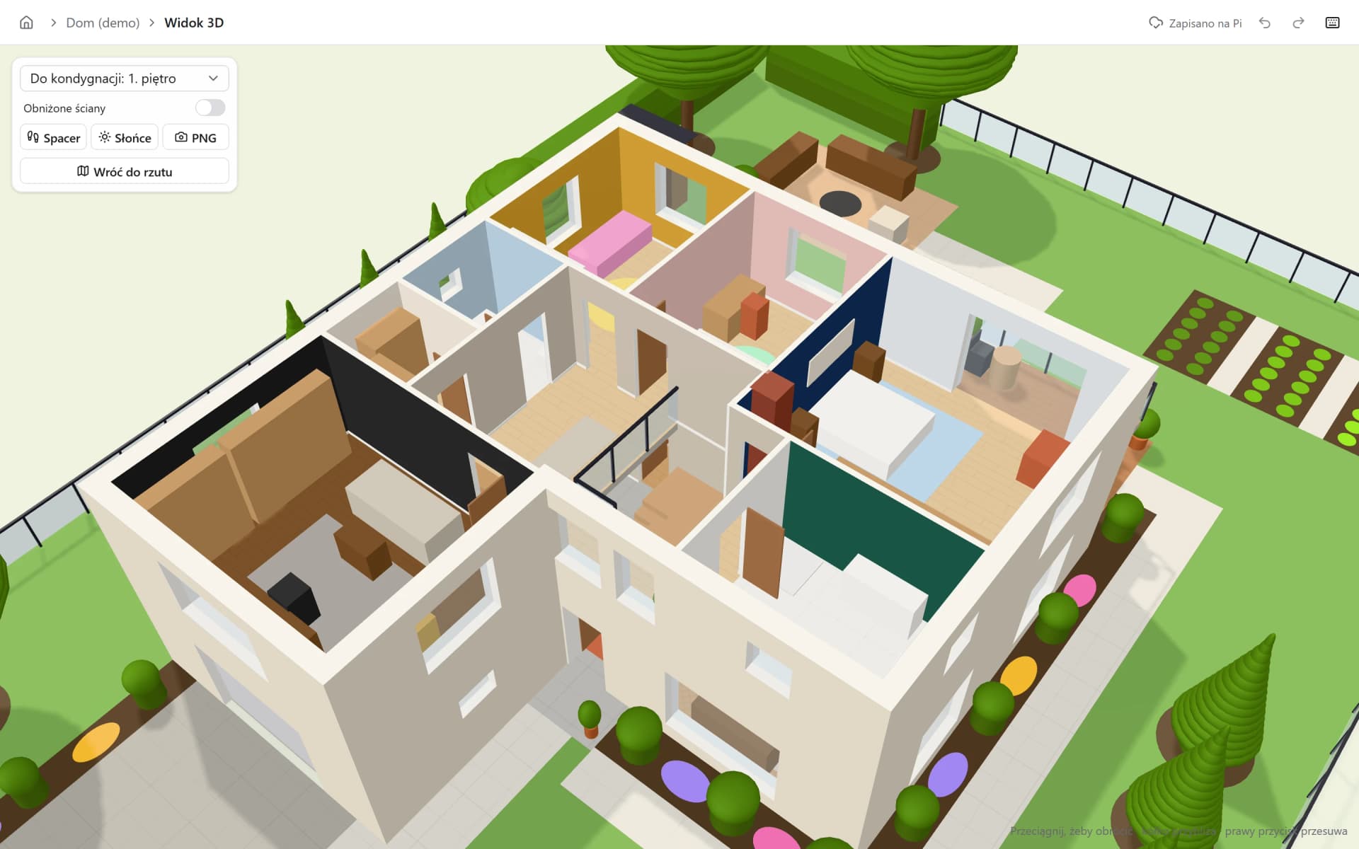 3D view of the first floor with the roof off, showing mustard, pink, blue, navy, green and graphite painted walls