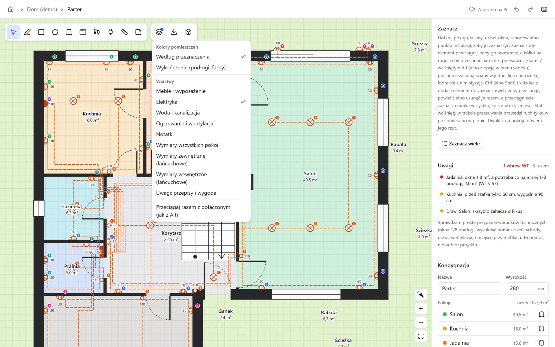 The ground floor with only the electrical layer on, showing sockets, switches, lights and cable runs, with the layers menu open