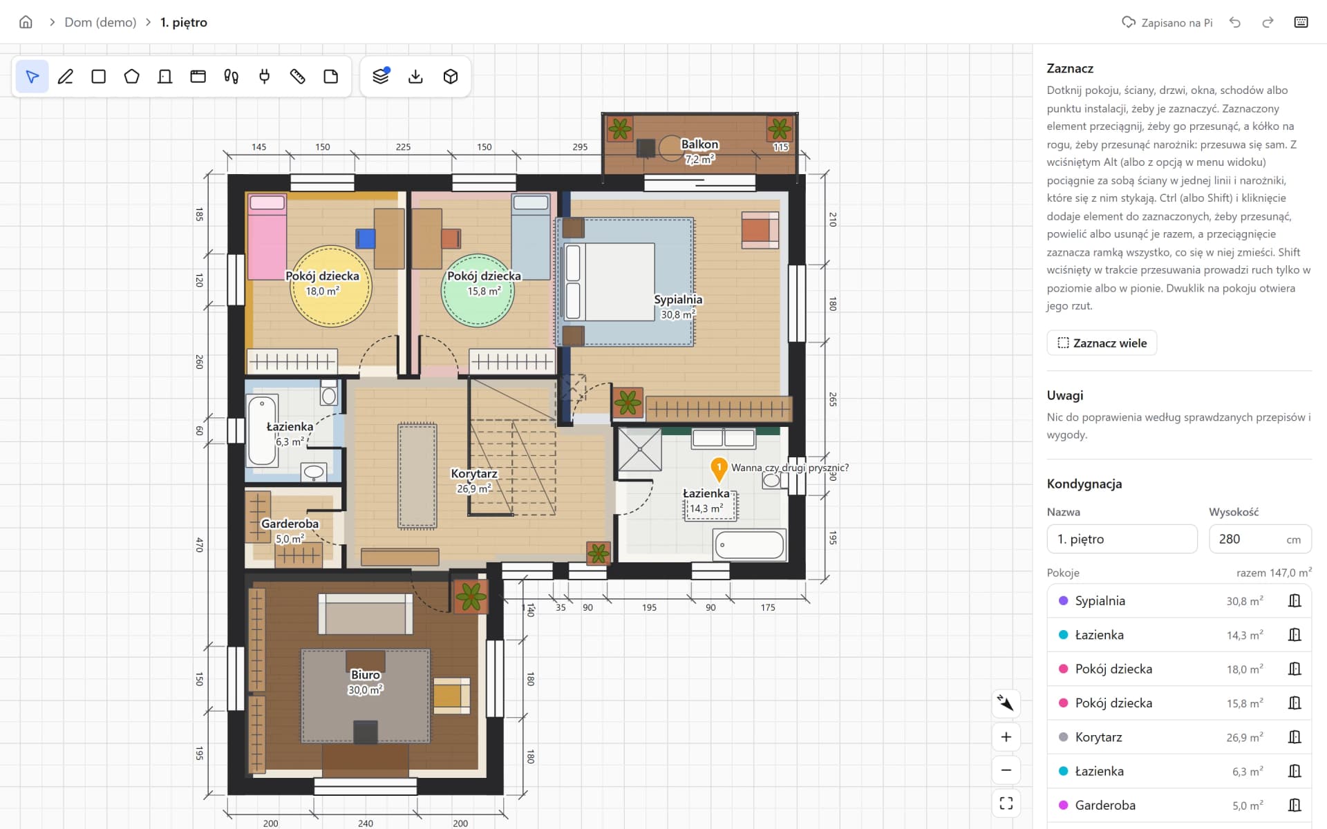 The first floor plan with bedrooms, two bathrooms, an office and a balcony, with exterior dimension chains switched on