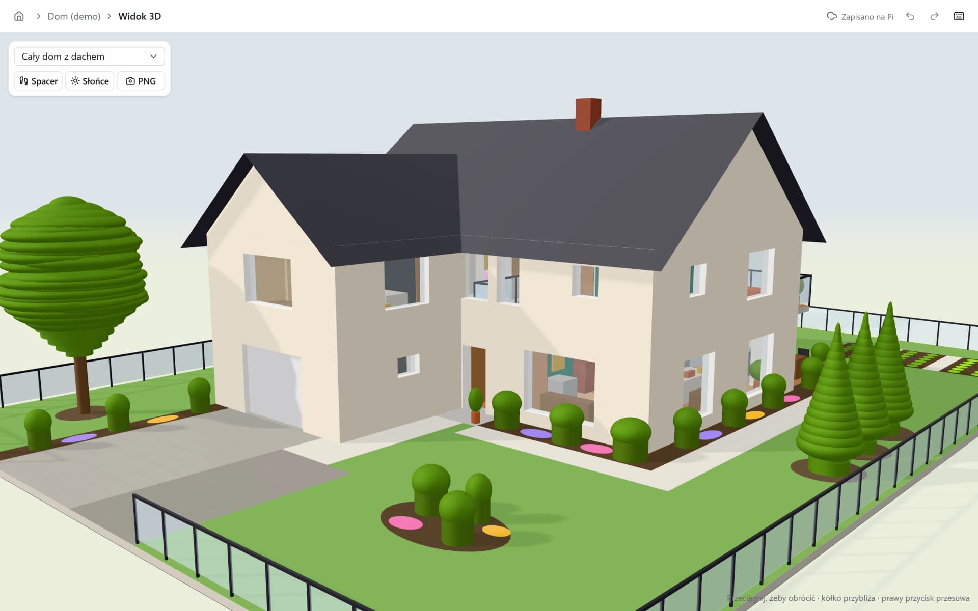 House Builder 3D view of a demo two-storey L-shaped house on its fenced plot, with a lawn, driveway, trees and planting