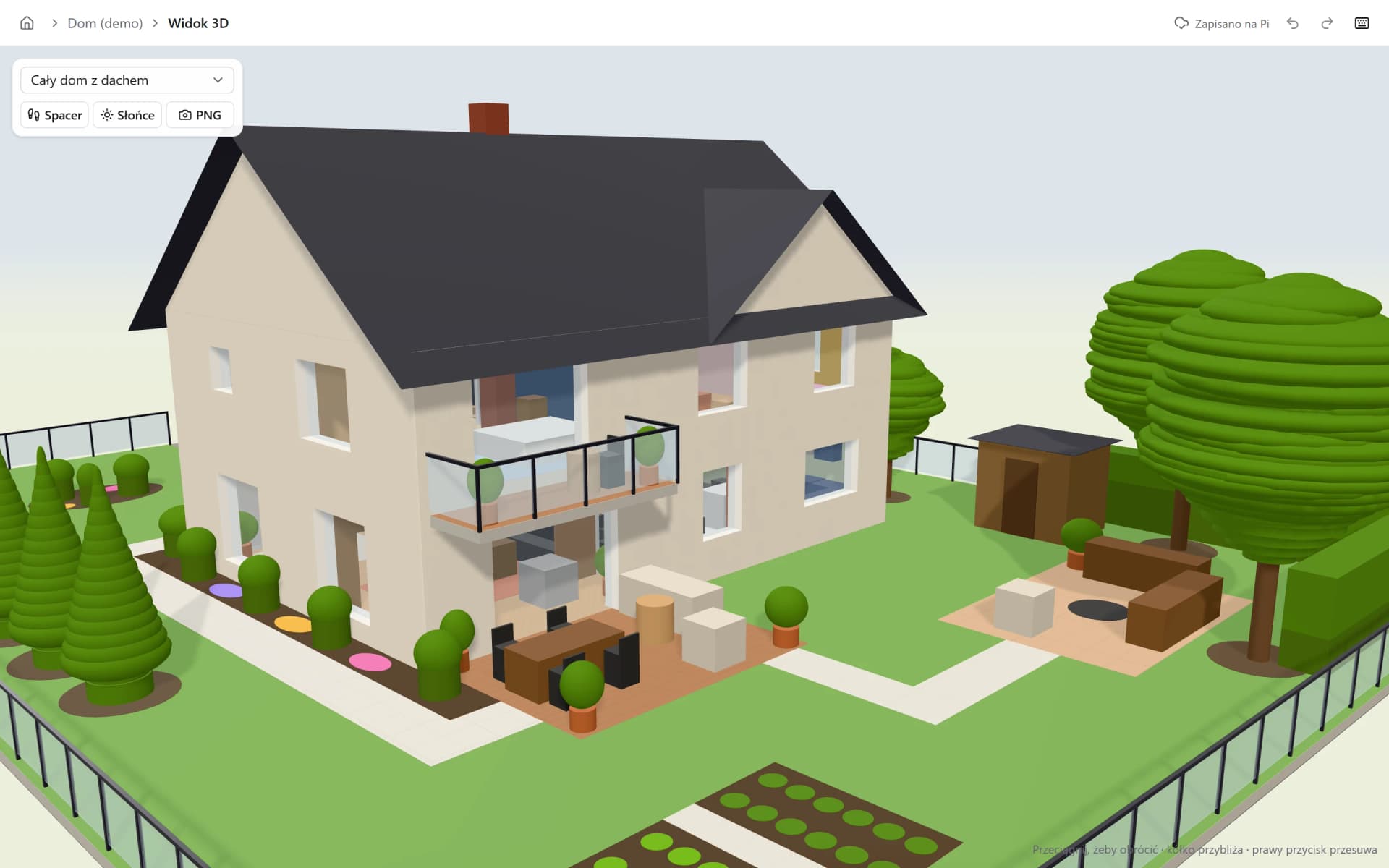The same house from the garden side: terrace with furniture, glass-railed balcony above, garden patio and vegetable beds