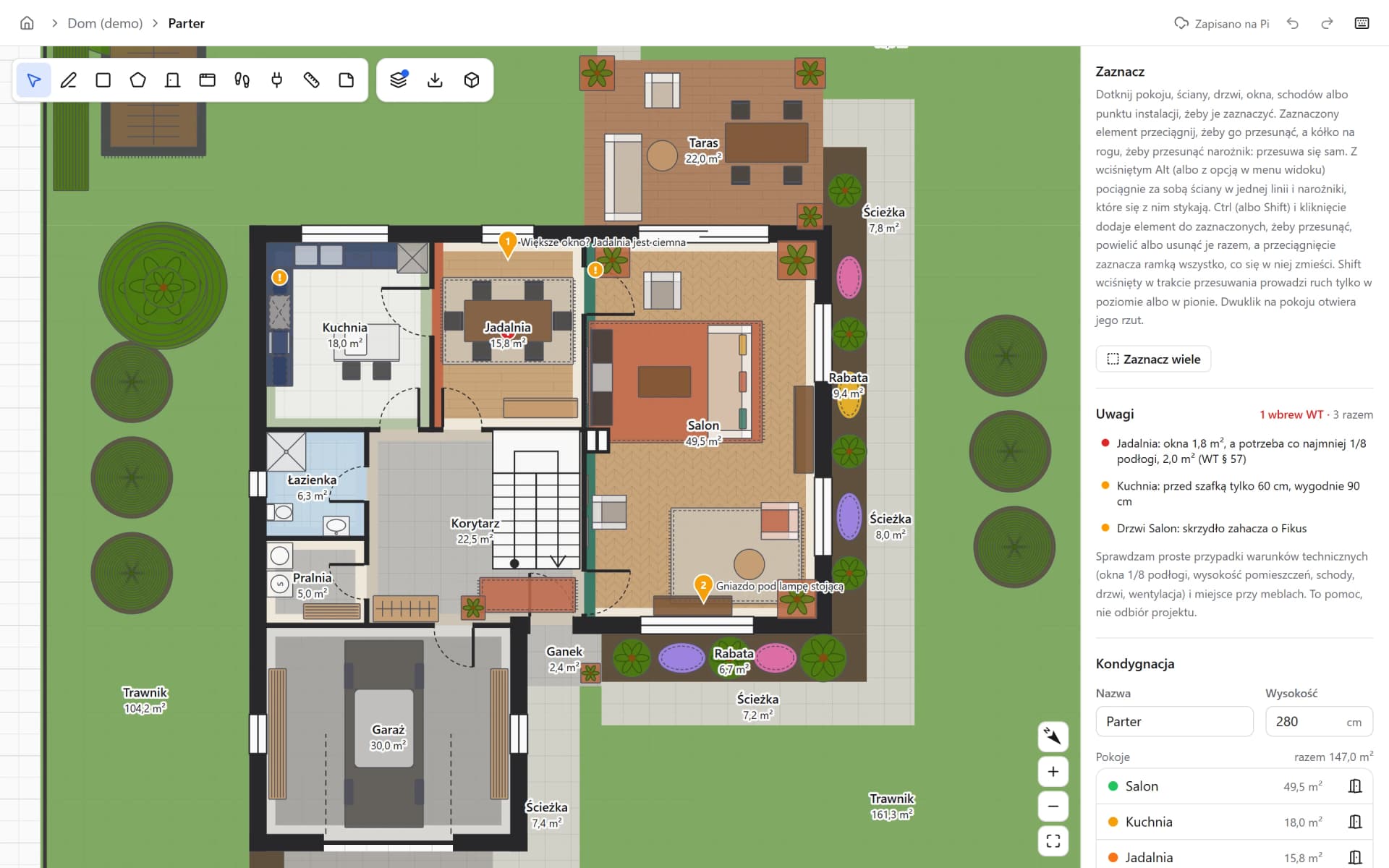 The ground floor plan with floor finishes, painted wall edges and furniture, and a panel of warnings led by the dining room's windows being too small under Polish regulations