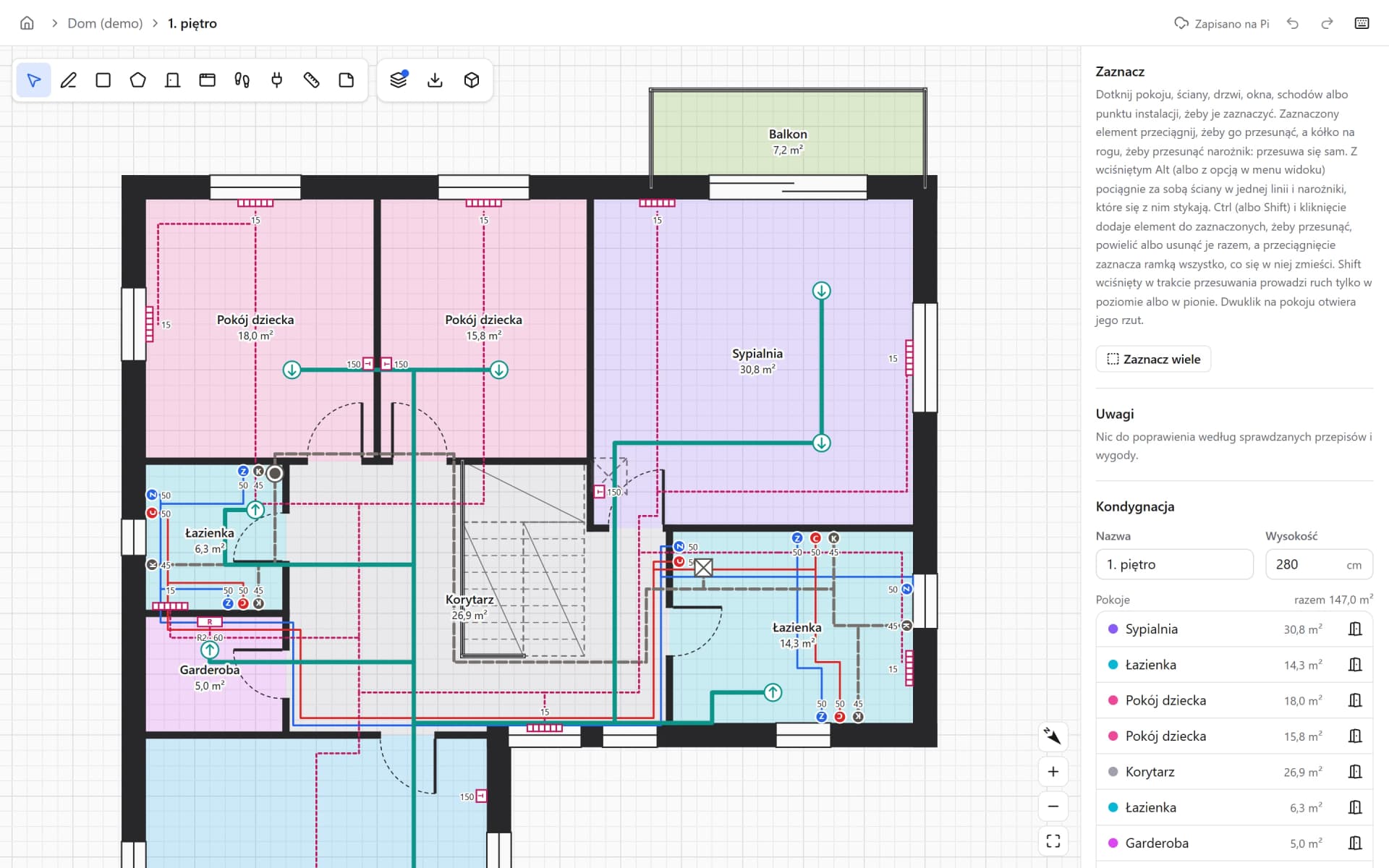 The first floor with the plumbing and heating layers on: water and drain pipes, radiators, thermostats and ventilation ducts