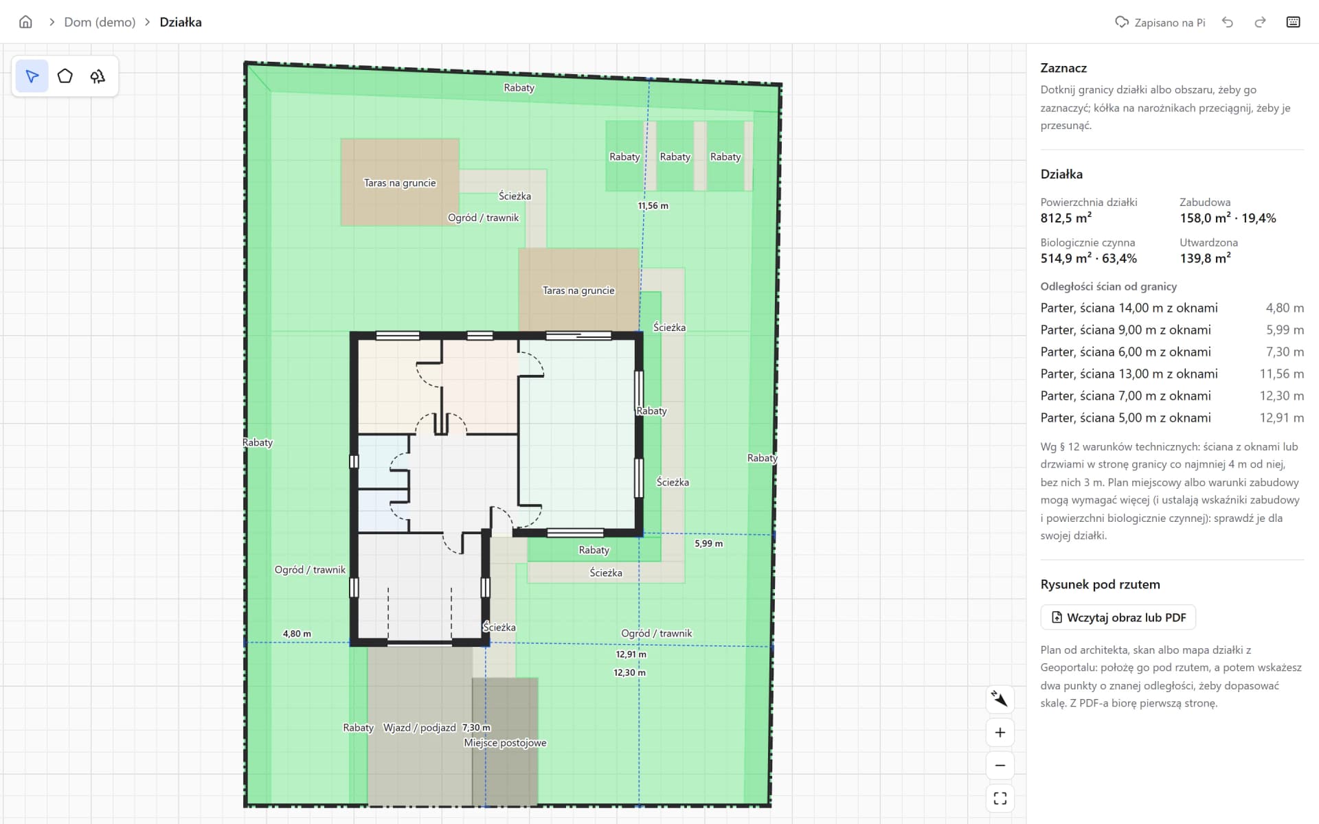 The site plan page: plot boundary, driveway, paths, beds and lawn, distances from walls to the boundary, and built-up and green shares