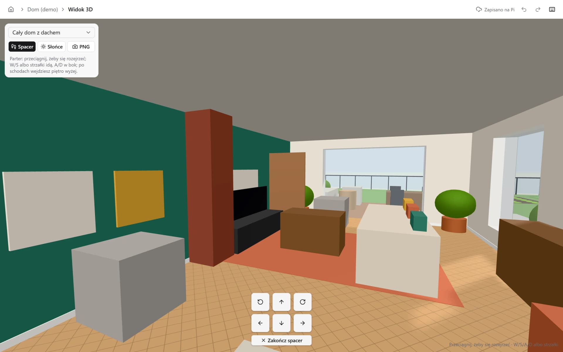 The 3D walk in the living room: a green accent wall with pictures, a chimney breast, TV, sofa and rug, and the terrace door beyond, with on-screen controls