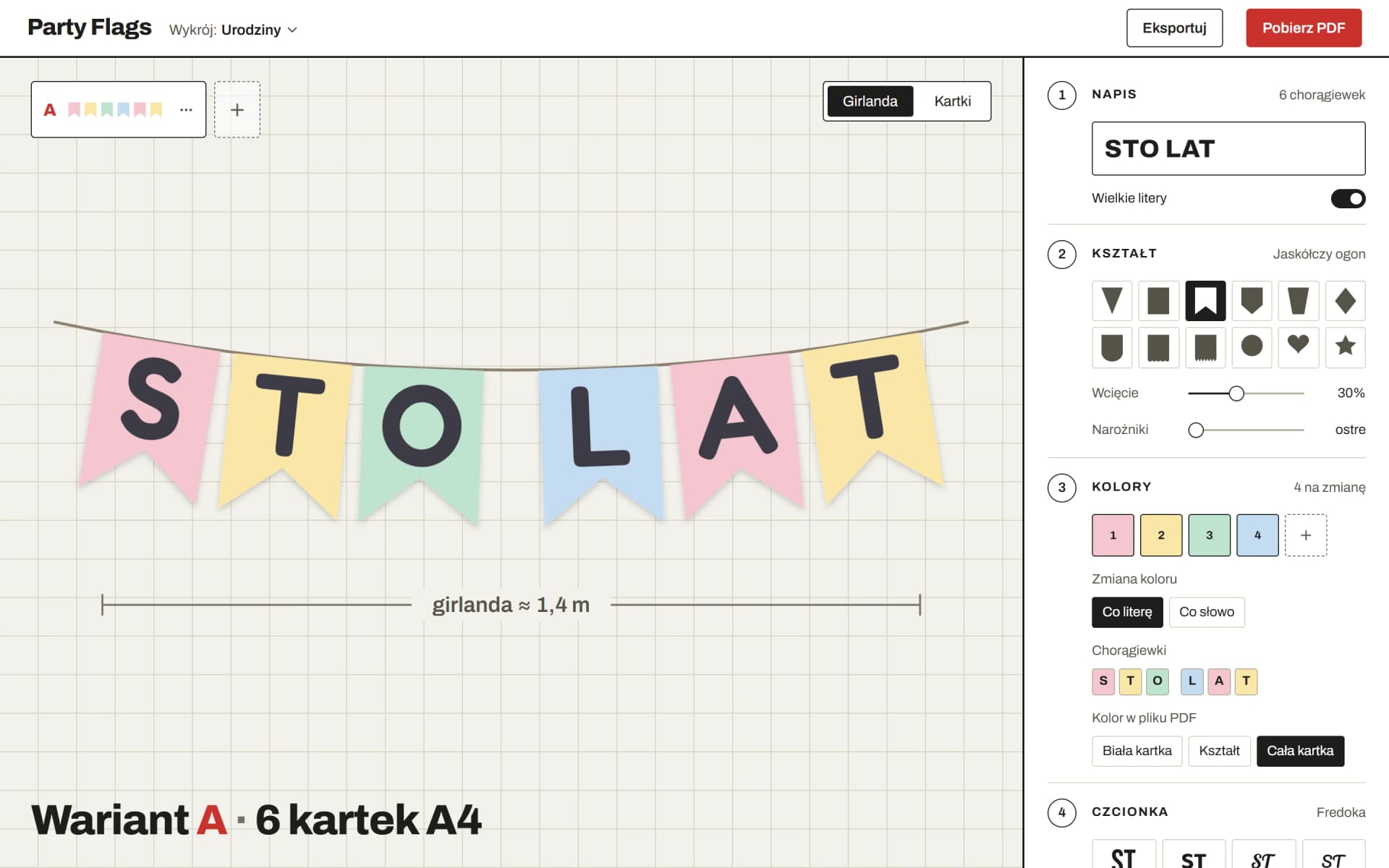 Party Flags editor with a pastel 'STO LAT' bunting preview and the shape and color settings