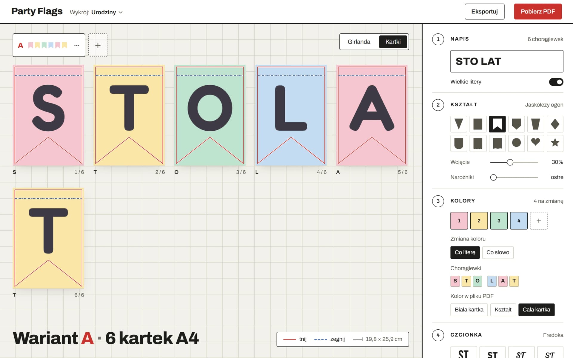 The print preview: one A4 sheet per letter, with the cut and fold lines marked