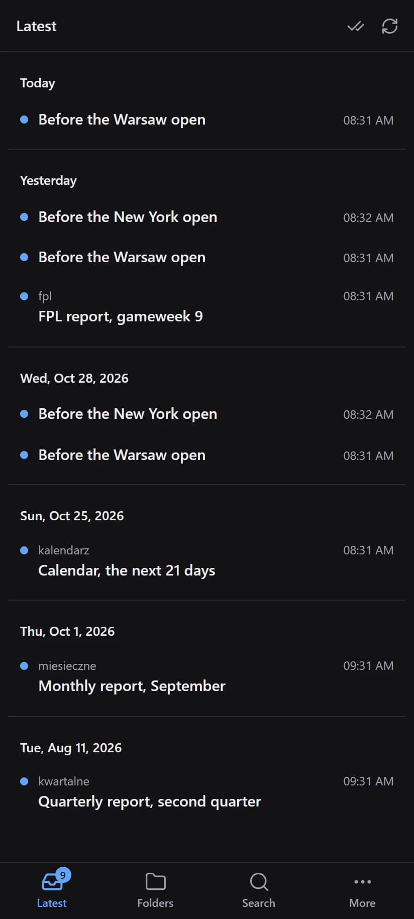 Reports on a phone: the latest reports grouped by day