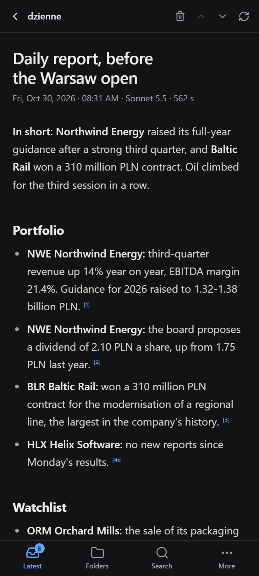 A made-up daily report about made-up companies, with a link to a source after each fact