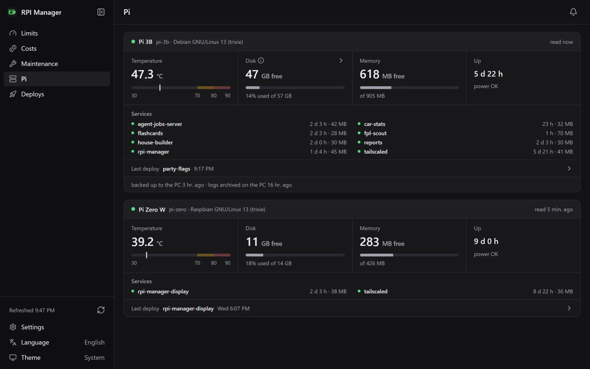 RPI Manager Pi page: temperature, disk, memory and the services of the Pi 3B and the Pi Zero W