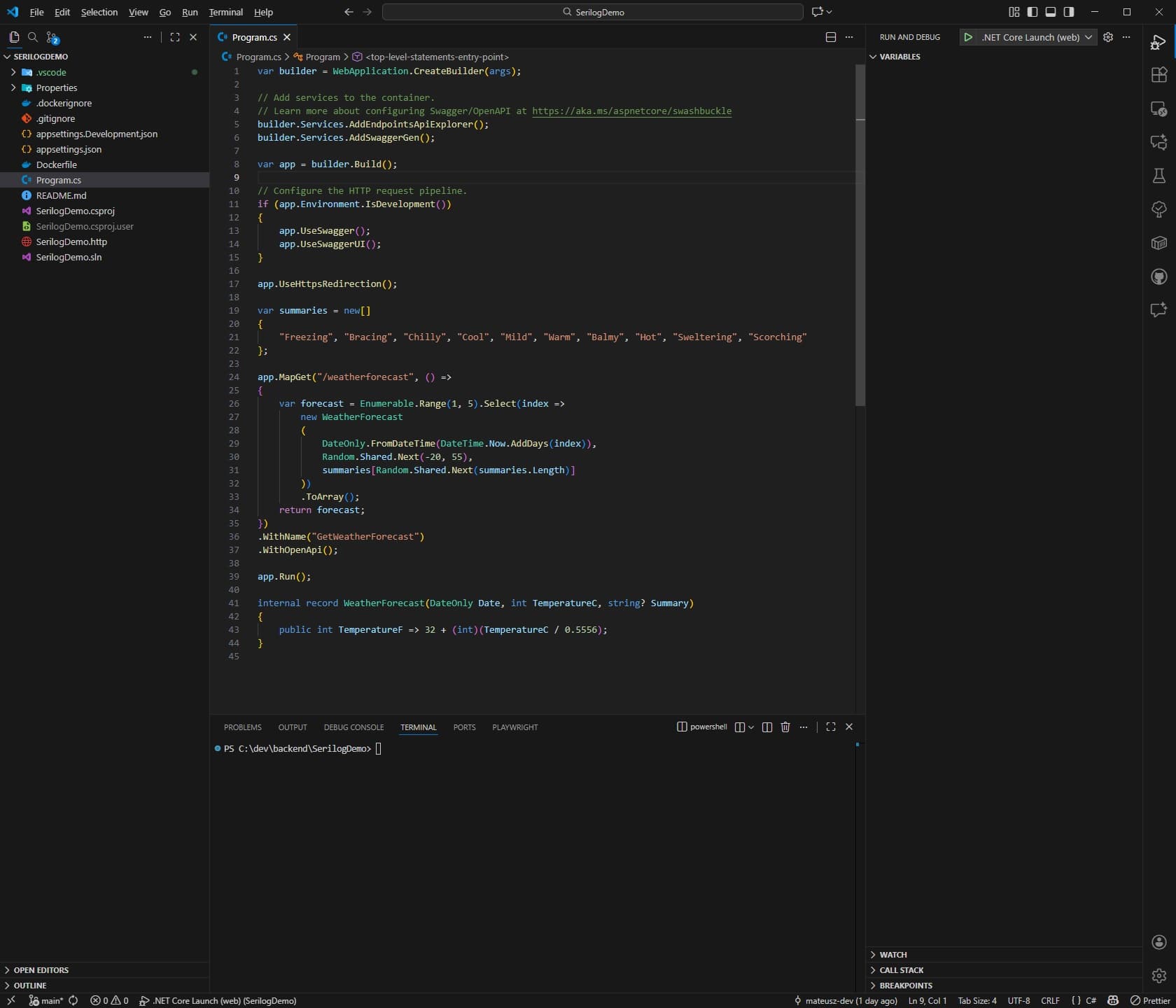 SerilogDemo project opened in Visual Studio Code