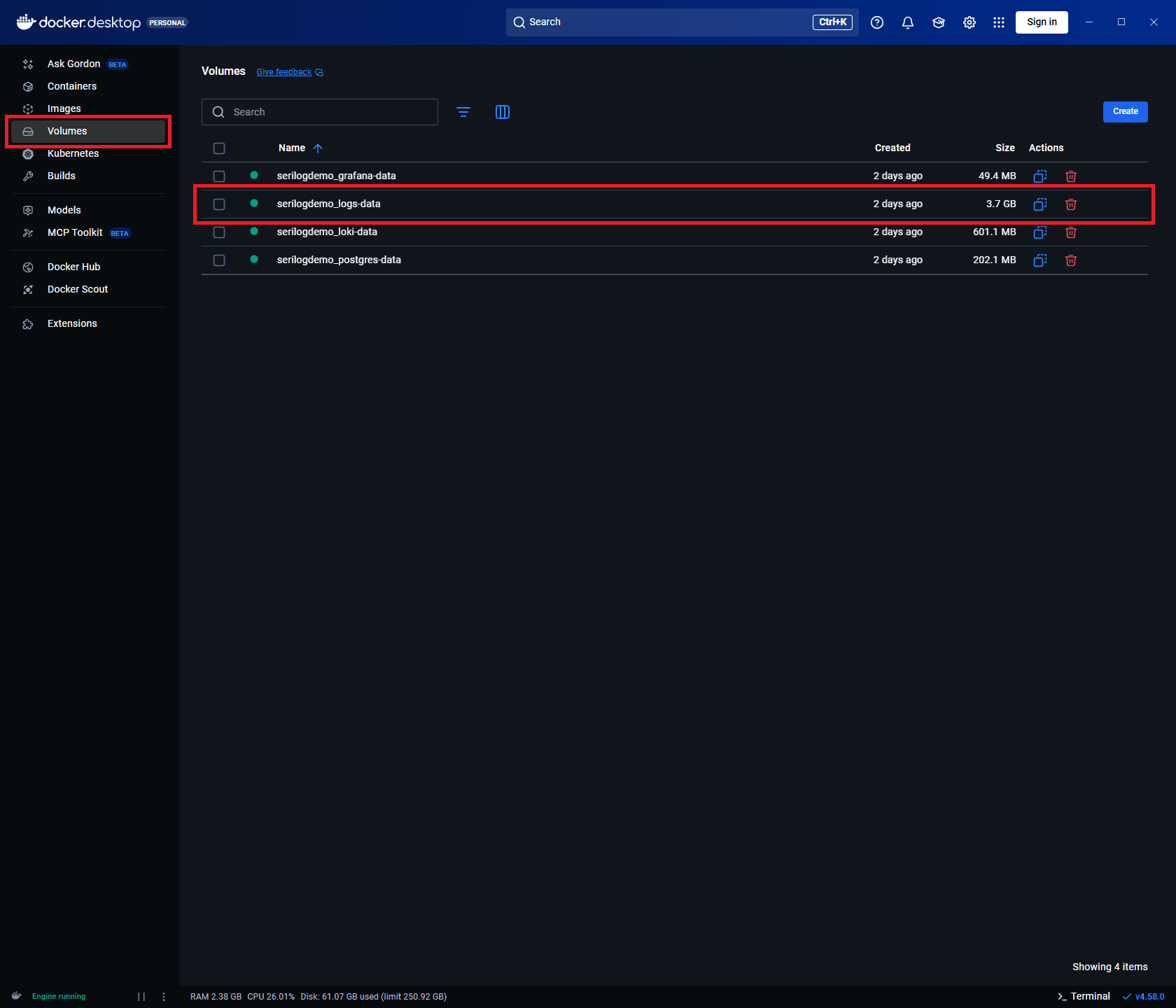 Docker Desktop showing volumes with log files