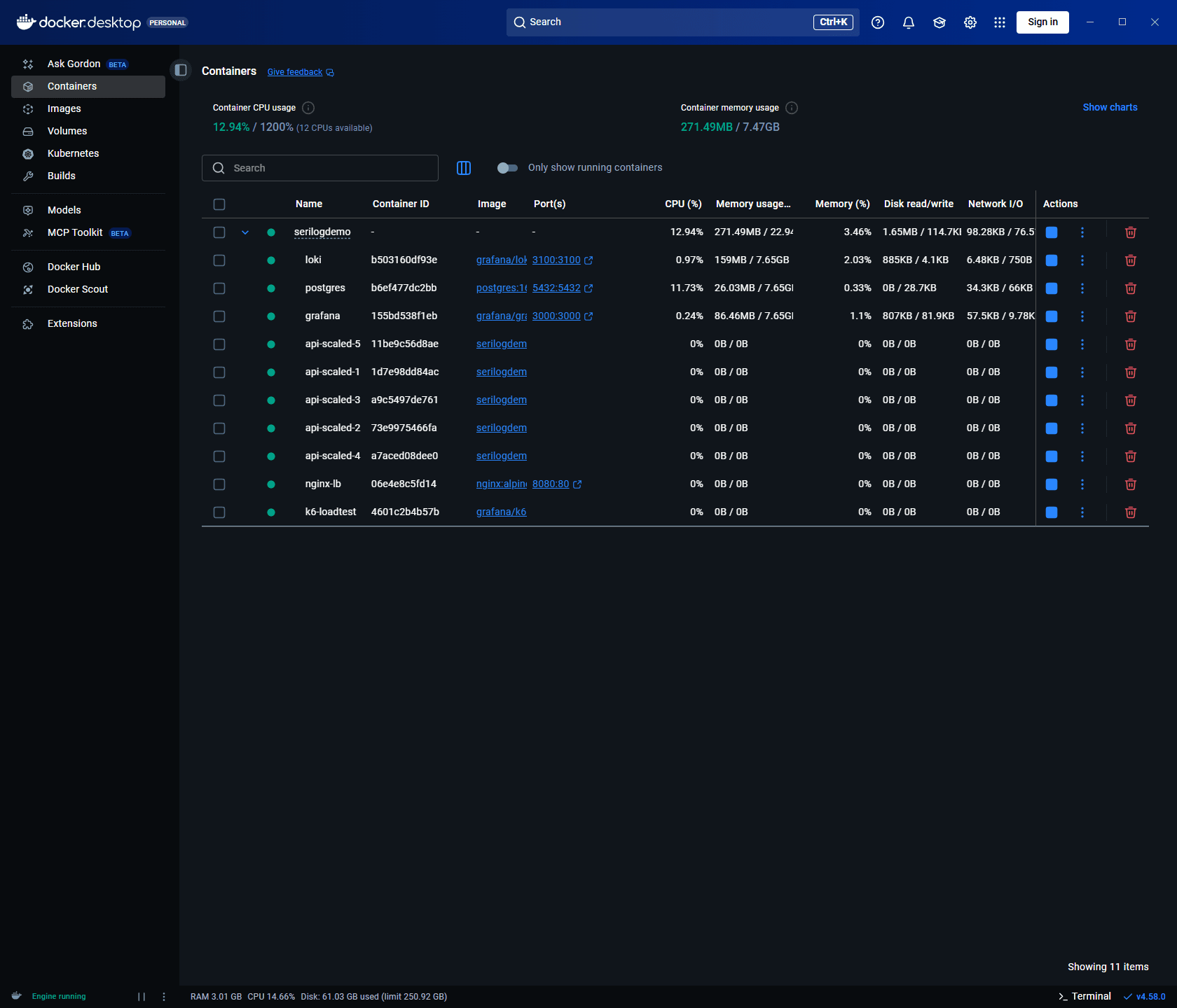 Docker Desktop showing running scenario containers