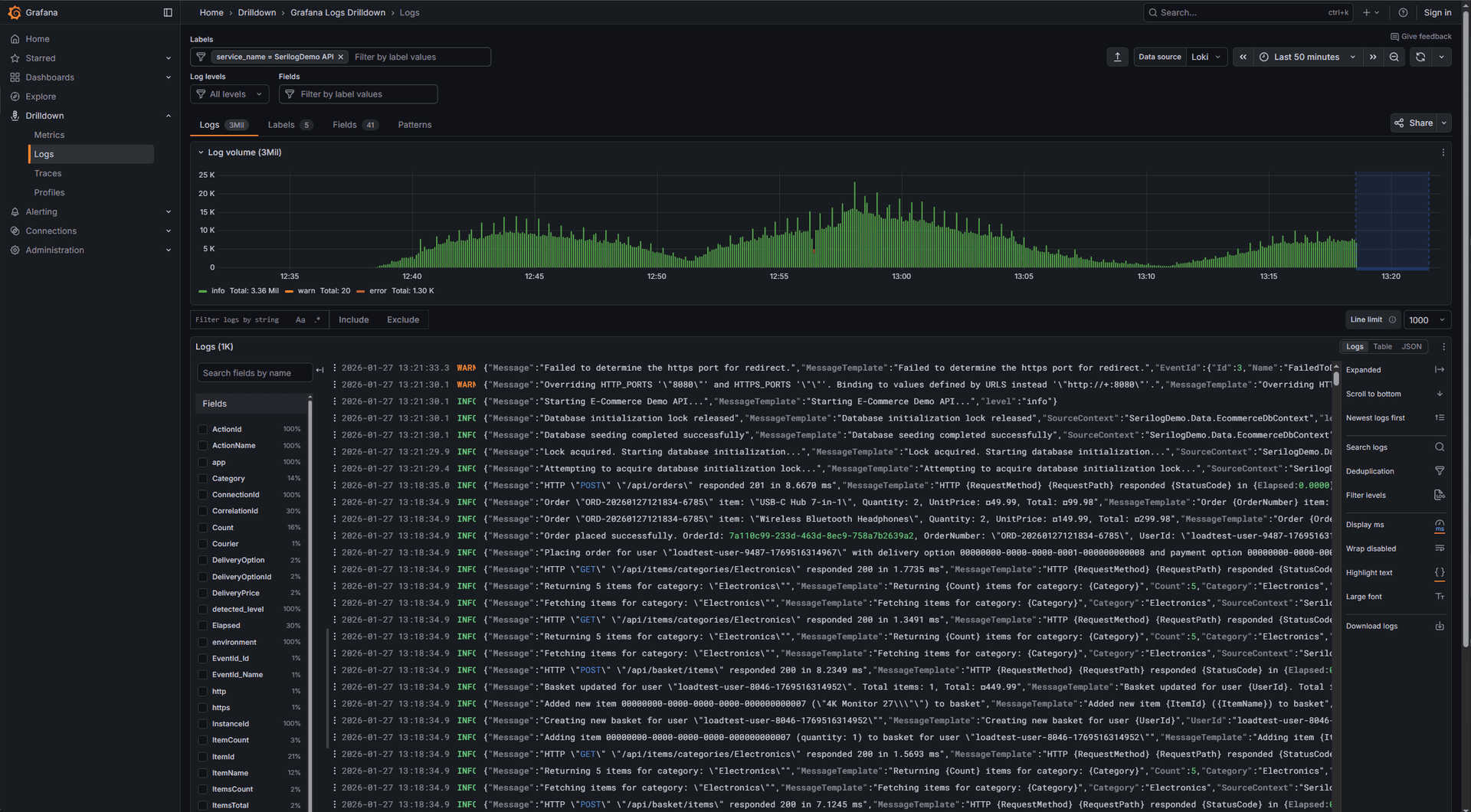 Grafana showing load test run logs